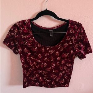 Burgundy Maroon Red Velvet Floral Crop Top - Forever 21